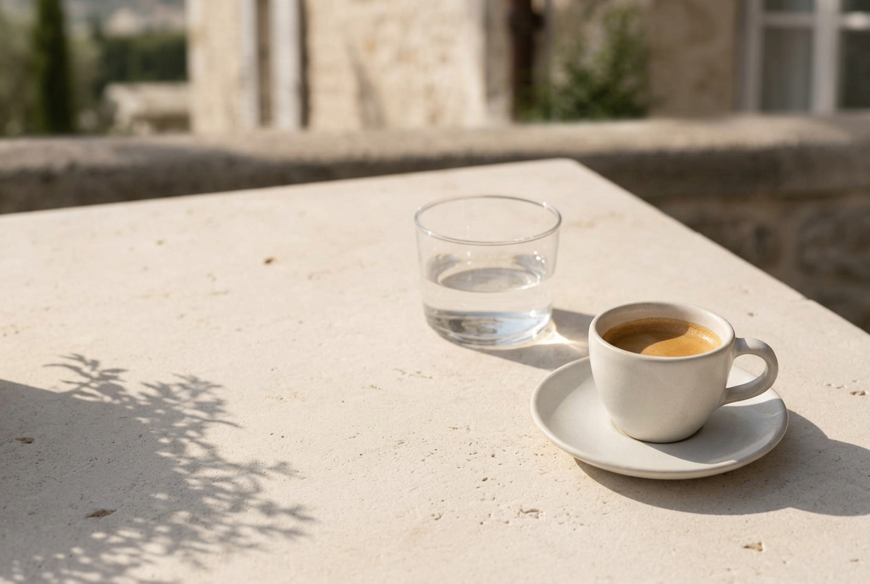 Espresso and a water glass on a sunlit stone table