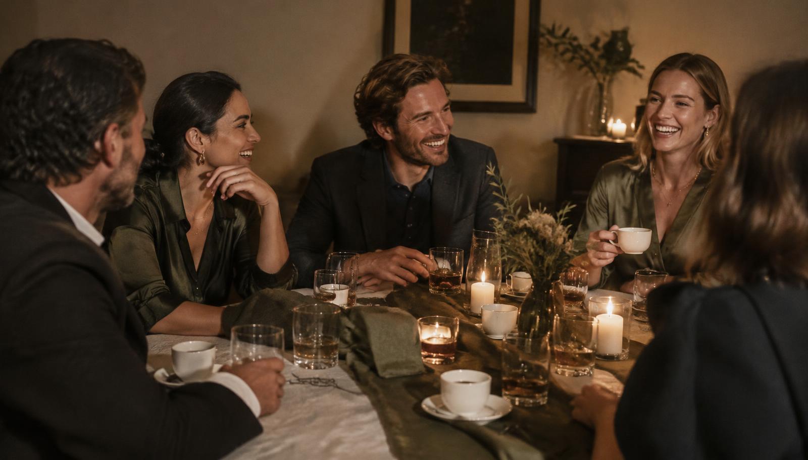 Coffee cups and whisky glasses on a shared dinner table