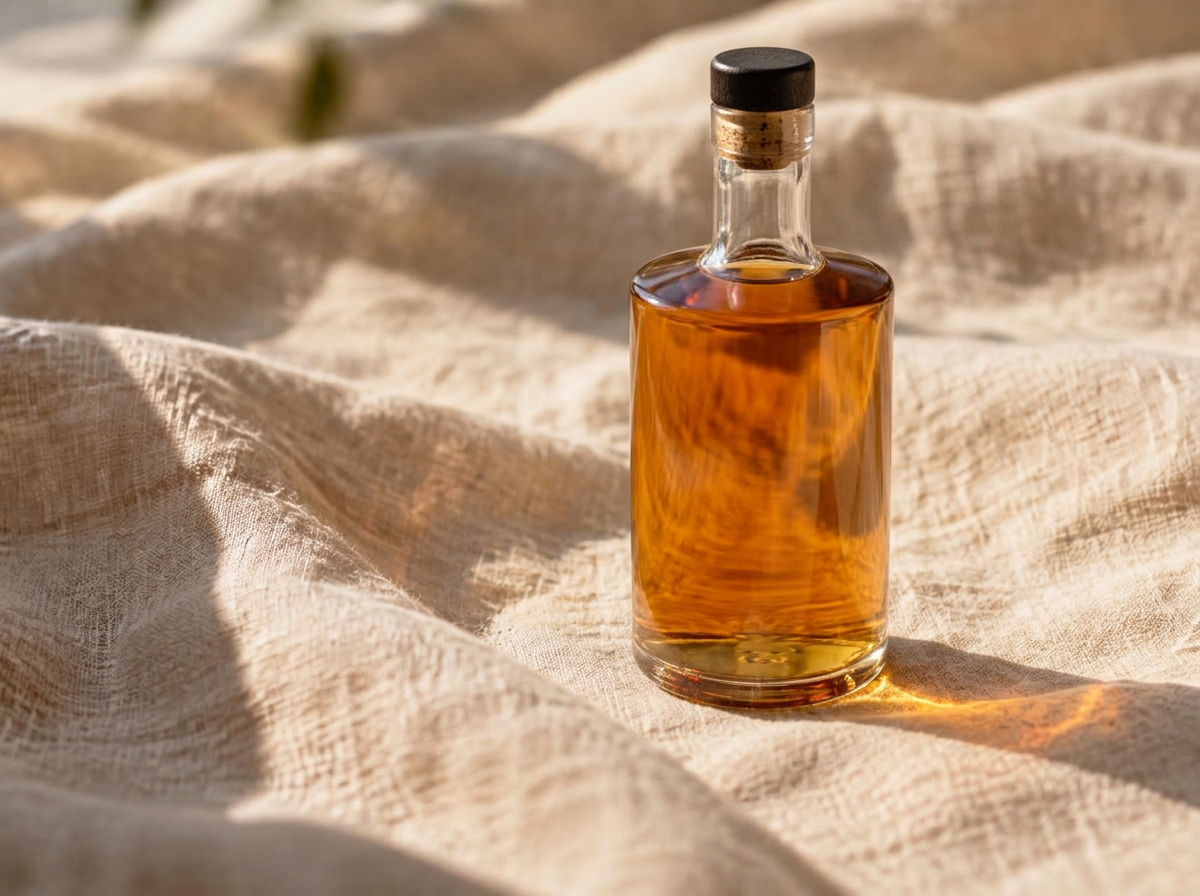An unlabelled whisky bottle of amber spirit resting on sunlit linen